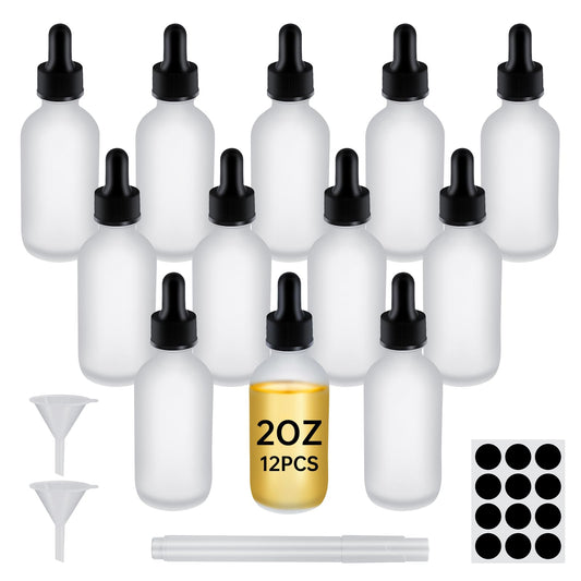 REUJIHXY 12Pcs 2 oz Clear Frosted Glass Dropper Bottle 60ml, Tincture Bottles with Glass Dropper, for Essential Oils, Aromatherapy, Cosmetic, Laboratory, Pharmacy, Liquids, Travel (12)