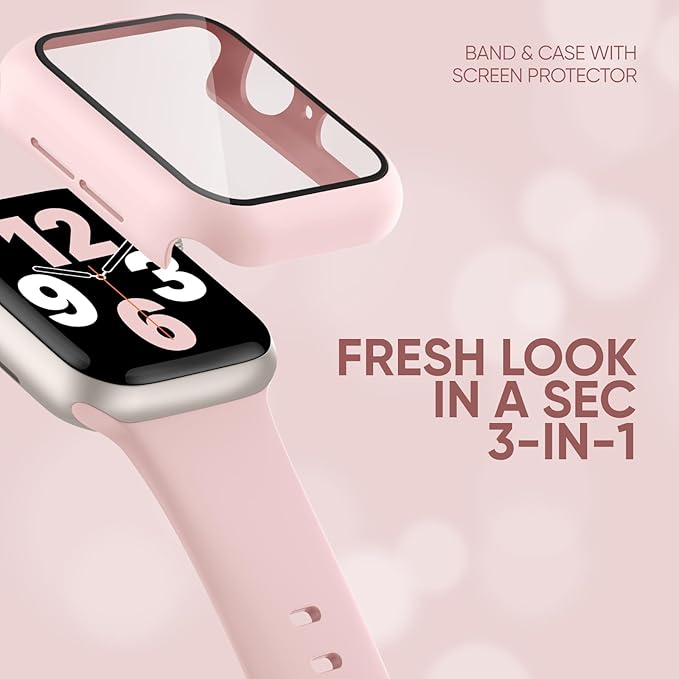 Compatible for Apple Watch Band 40mm 41mm and Case with Screen Protector, Soft Silicone Sport Strap Bands and Protective Cover with Tempered Glass for iWatch Series 9 8 7 SE 6 5 4