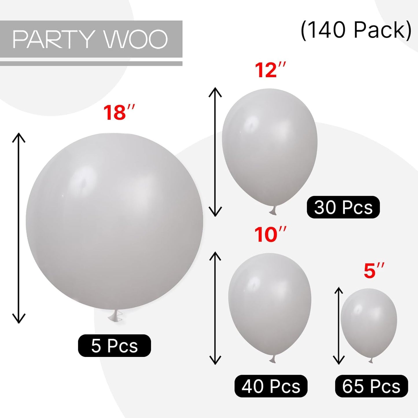 PartyWoo Gray Balloons - 140-Piece Matte Gray Latex Balloon Arch Kit for Baby Showers, Graduations & Birthdays