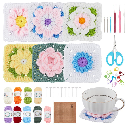 ACRNIGHEET Crochet Kit for Beginners 3D Floral Granny Square Crochet Kit for Adults Learn to Crochet Kits for Adults Beginner Knitting Kit with 6 Square Step-by-Step Video Guide Tutorial