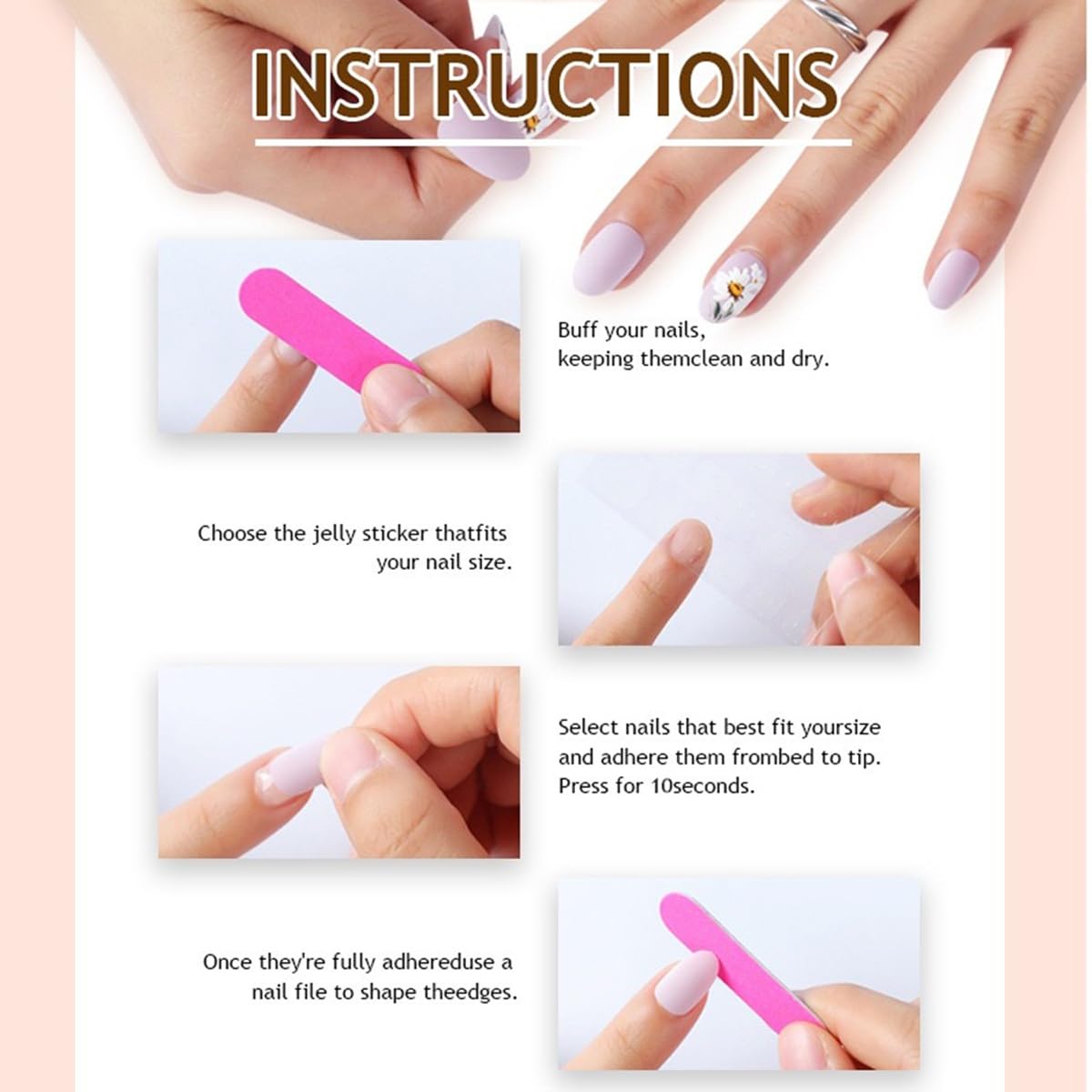 White French Tip Press on Nails Square Short Fake Nails with Flower Design Full Cover Spring Stick on False Nails for Women 24 Pcs