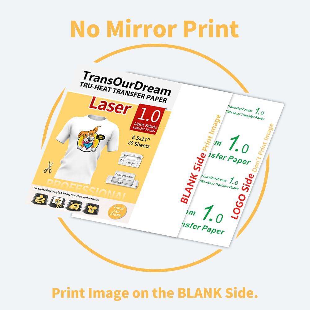 TransOurDream Heat Transfer Paper for LaserJet Printer (20 Sheets, 8.5x11, Laser 1.0) Printable HTV Heat Transfer Vinyl for T Shirts Iron on Transfers for Light Fabrics (TRANS-LAS1-L-20)