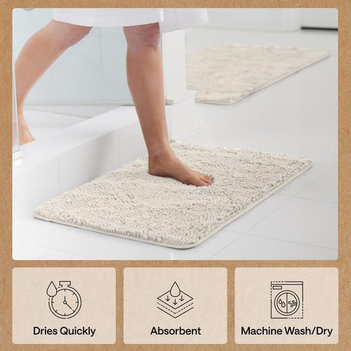 GORILLA GRIP Bath Rug Mat - Thick Soft Chenille | Quick Dry Microfiber, 48x17, Ivory, Washable