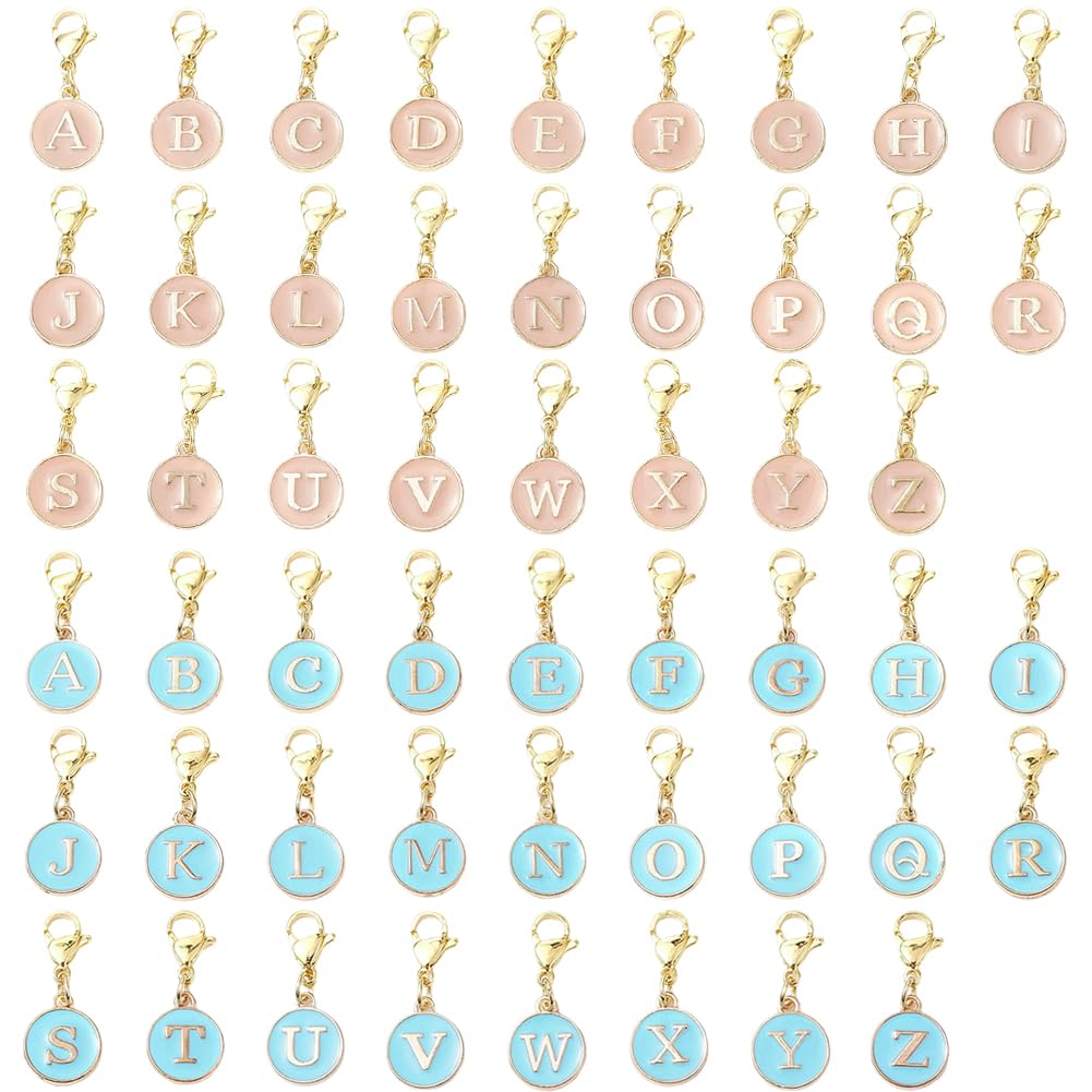 SUNNYCLUE 1 Box 52Pcs 26 Styles Letter Stitch Markers Crochet Stitch Charms Enamel Alloy Alphabet A to Z Capital Pink Blue Lobster Claw Clasps Charm for DIY Crocheting Knitting Sewing Weaving Crafts