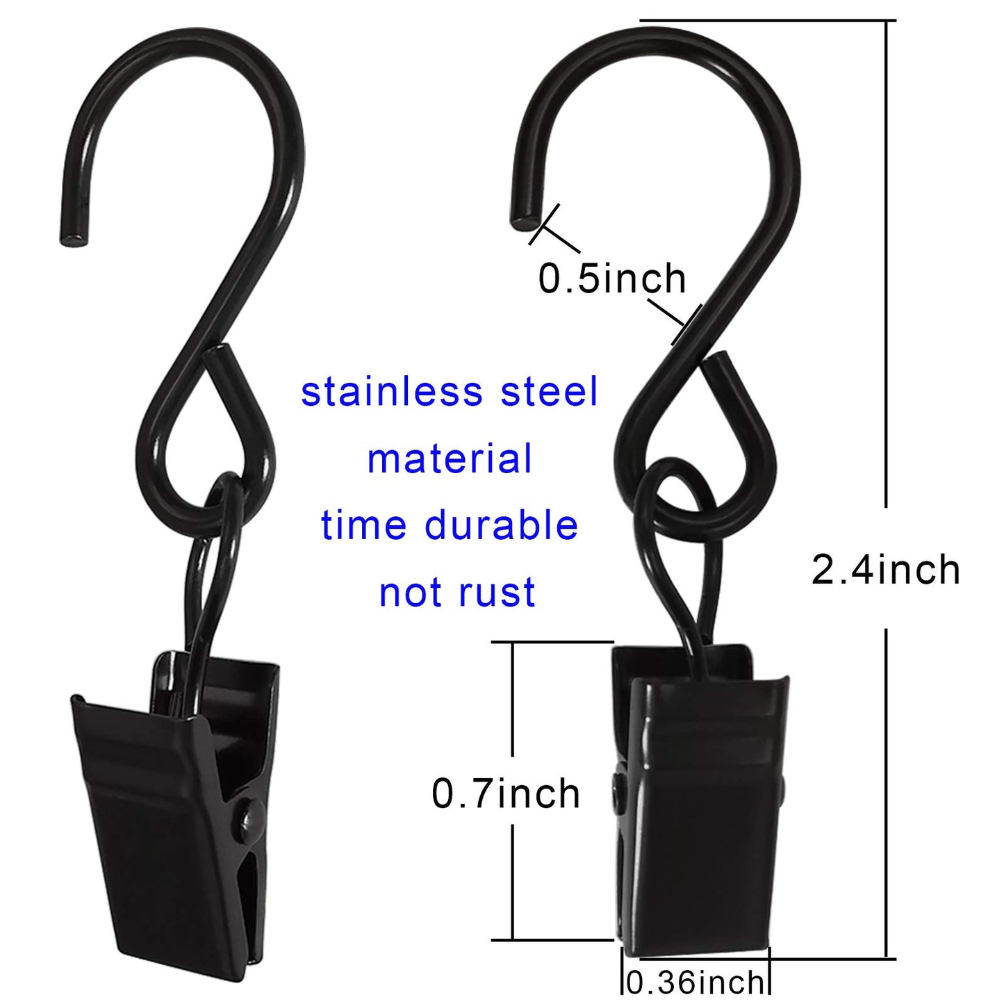 AMZSEVEN Stainless Steel S Hooks Curtain Clips, 50 Pack Hanging Party Lights Clips Hangers Gutter Photo, Art Craft Display, 2.4 Inch Long, Black