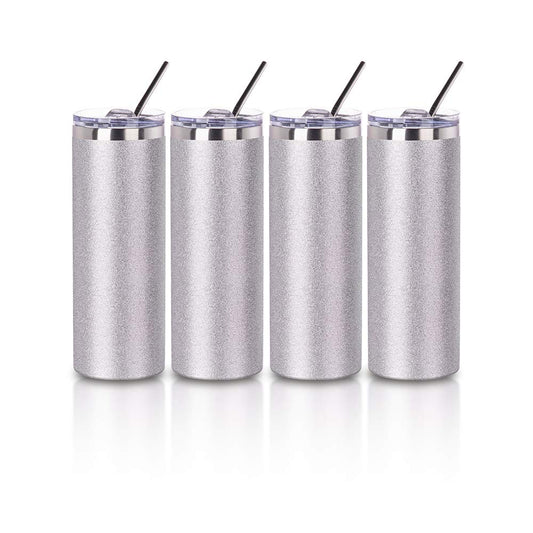 PYD Life Sublimation Blank Glitter Skinny Tumbler Silver 20 OZ Straight Stainless Steel Coffee Cups with Lid and Metal Straw for Tumbler Heat Press Sublimation Oven Printing 4 Pack