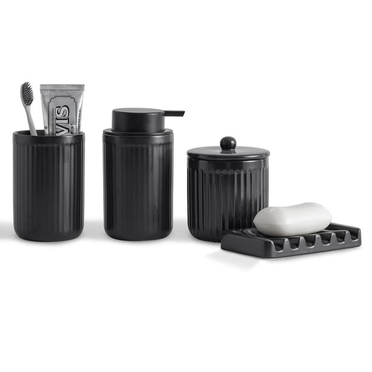 Agyiuns Ceramic Bathroom Accessories Set,Lotion Soap Dispenser and Toothbrush Holder Set, Soap Dish, Apothecary Jars,Rustic Farmhouse Decor, Bathroom Home Decor (Black Set, Liquid)