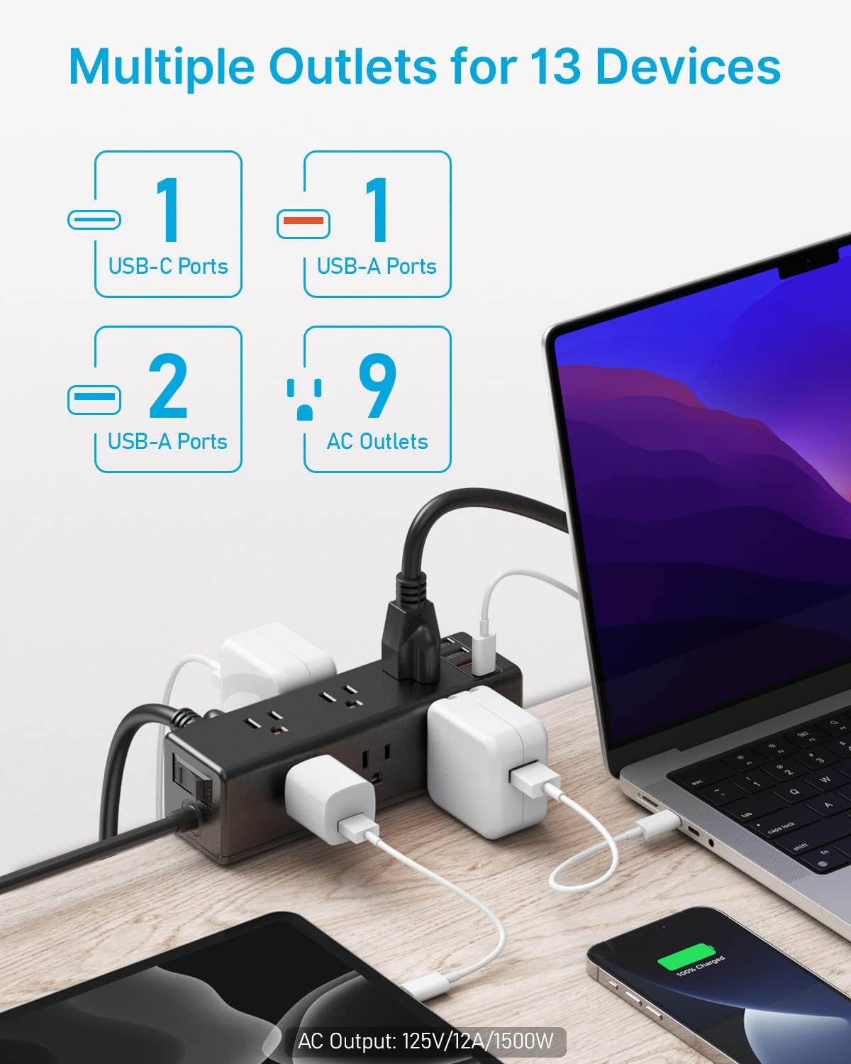 CCCEI 9 6 1.6 inch Desk Clamp Power Strip with Outlets, Desktop Edge Mount Surge Protector with USB-A and USB-C Ports