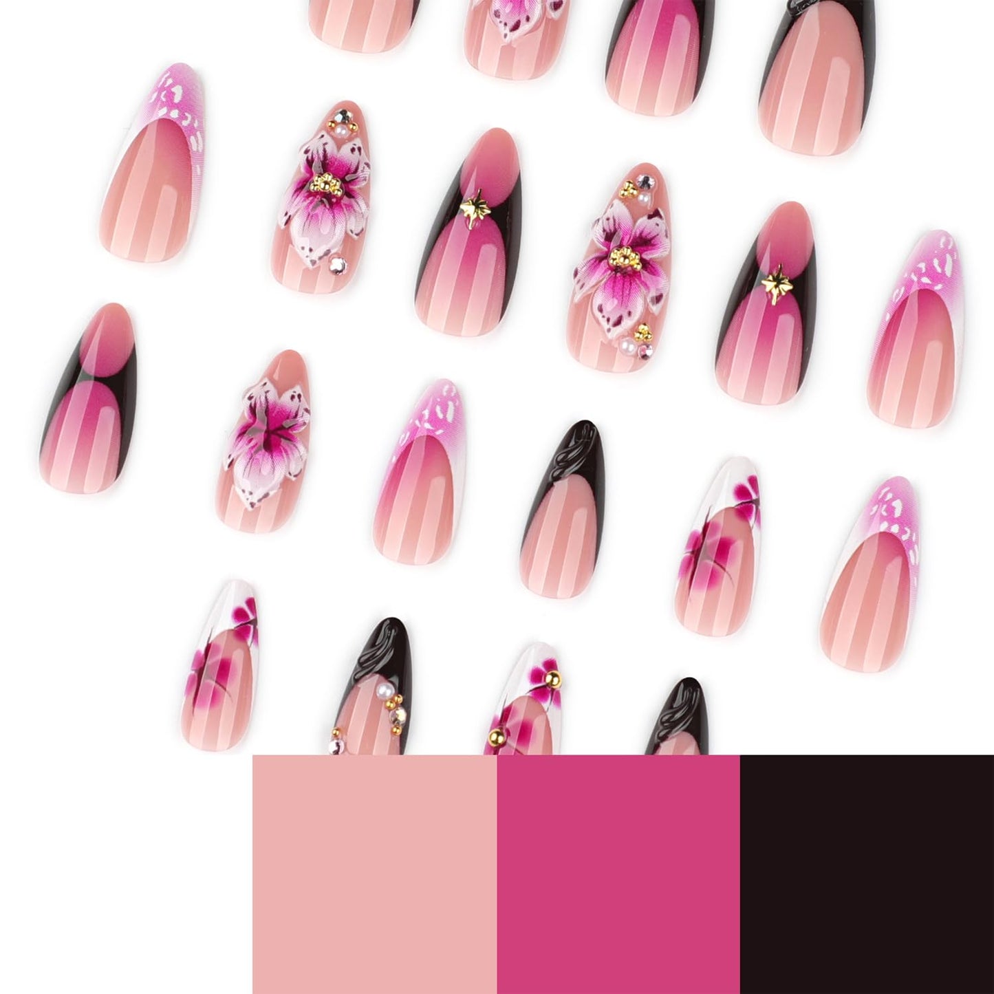 Purple Floral Press On Nails Almond Medium Long, Plum Gradient Fake Nails with Hand Painted Flower Design, Glossy French Tip Acrylic Nails, Reusable Stick On Nails Kit for Women, Elegant Salon Style