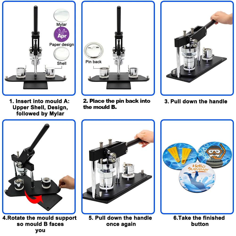 ChiButtons Button Maker Kit 44mm (1 3/4") Badge Press Machine-B400 + 44mm Round Die Moulds + 100 Set Pin Button Components + Adjustable Circle Cutter (Black-New)