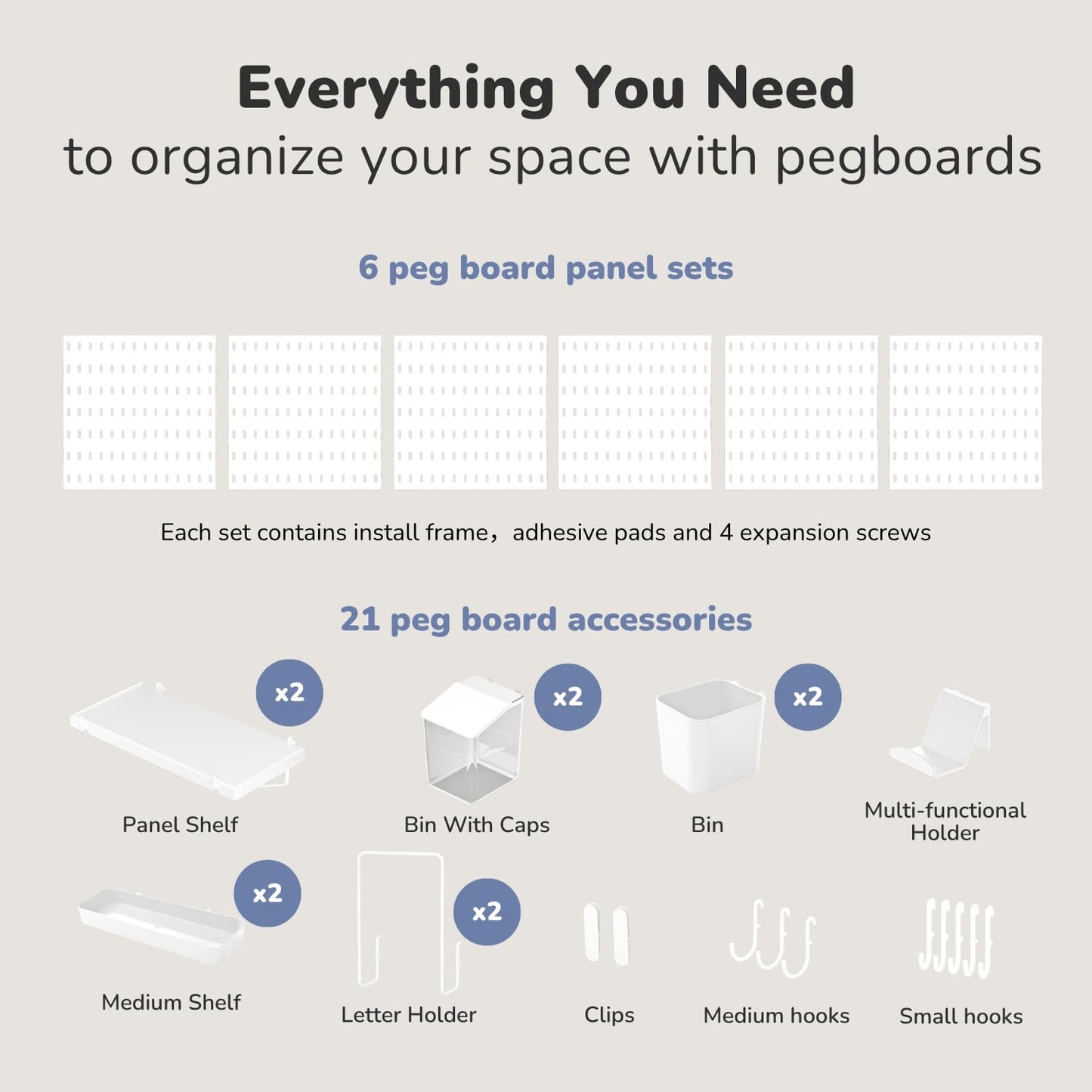 Keepo Peg Board Wall Organizer – Plastic Pegboard Panels, Modular Peg Board Storage System for Home Office, Craft Room, Gaming Setup (White, 33″×22″)