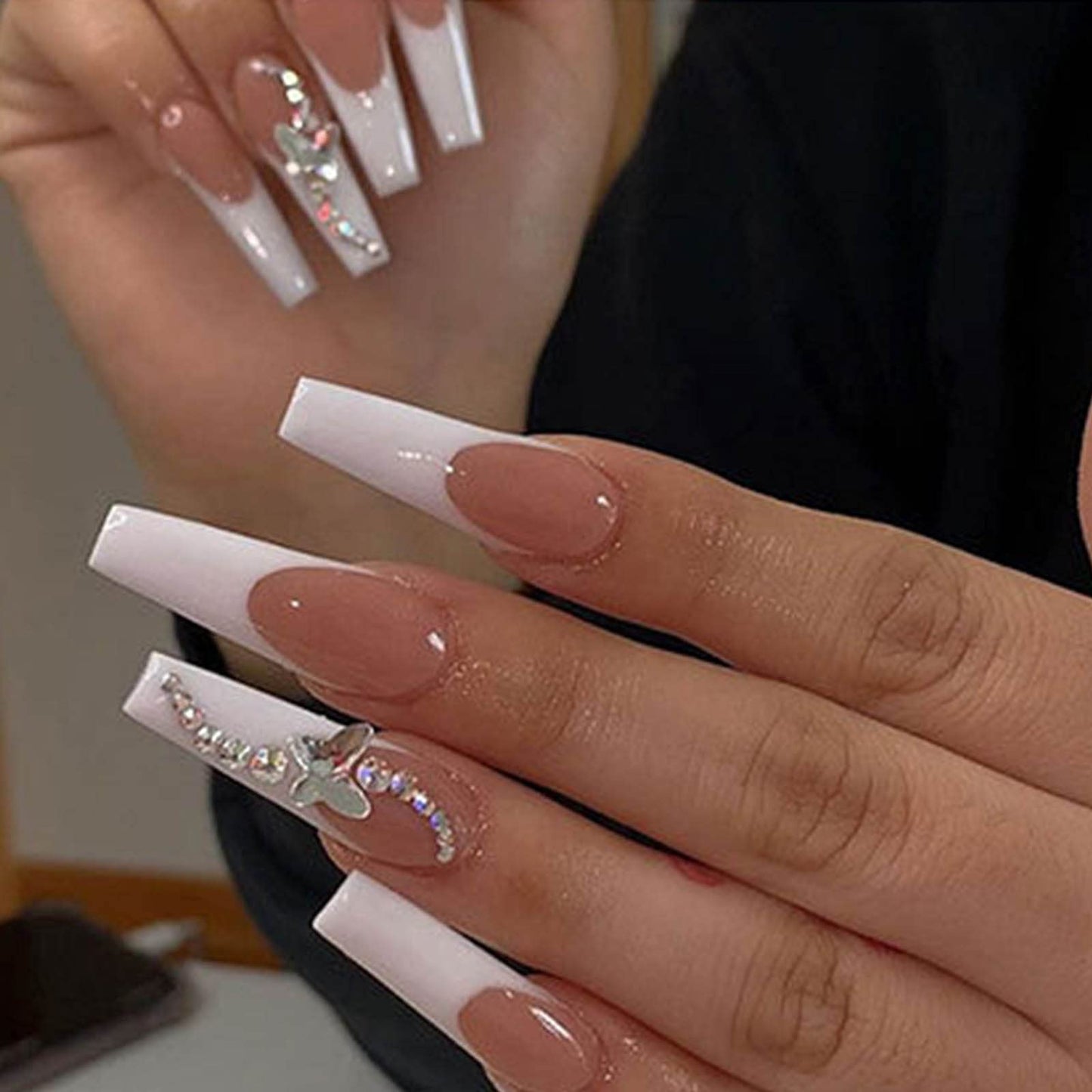 YoYoee Long French Fake Nails - Coffin Press on Nails Pink Ballerina False Nails Butterfly Tips for Women and Girls 24Pcs (gorgeous5)