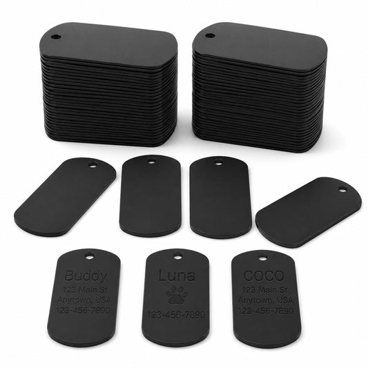 LDXDRU 100Pcs Blank Dog Tags for Engraving, Anodized Aluminum Blank Tags Keychain Blanks Metal Tag for Engraving Stamping (Black)