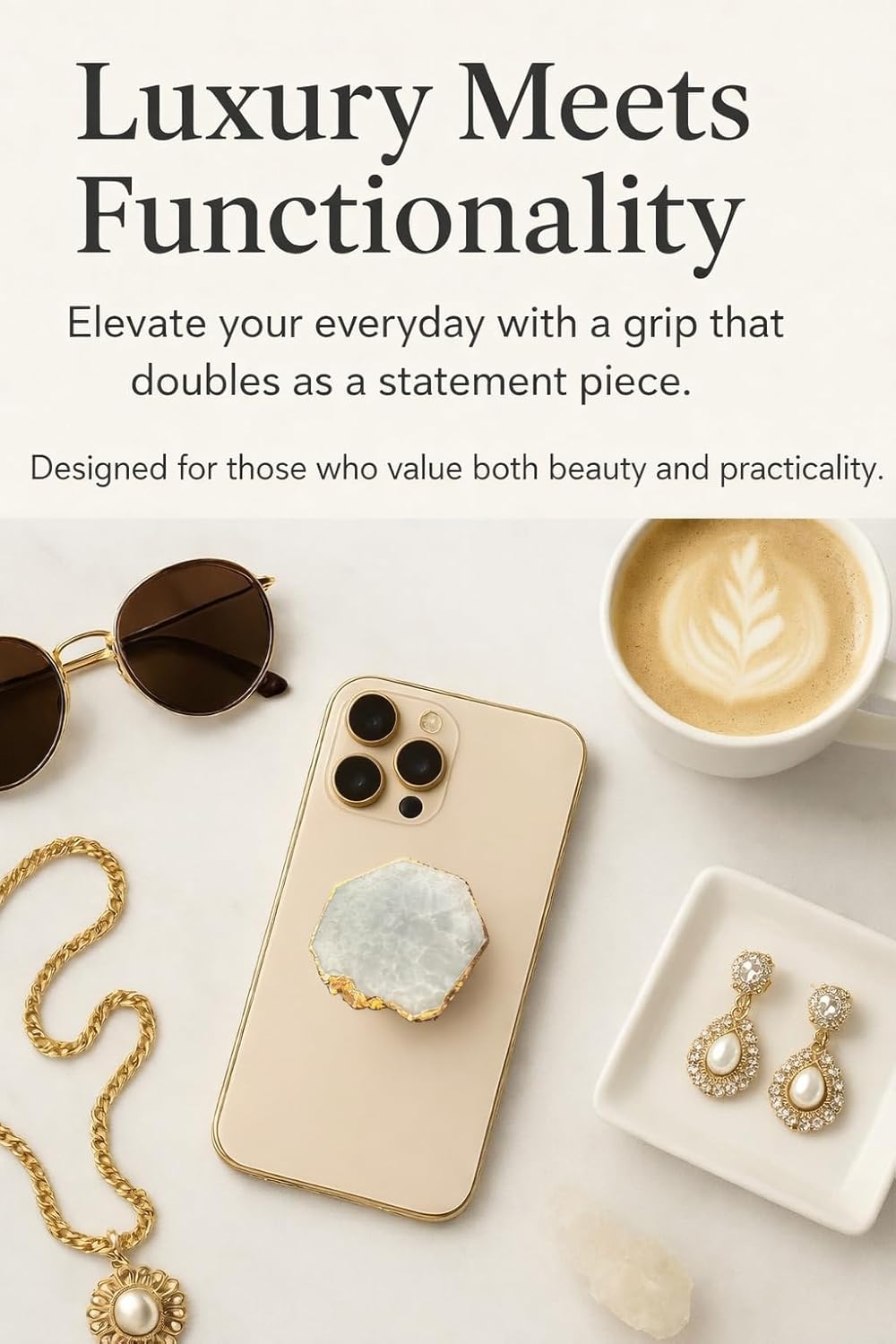 CRYSTALFY Grips by Brown Pattern Agate Round Shape Magnetic Crystal Phone Grip Holder & Expanding Kickstand-Natural
