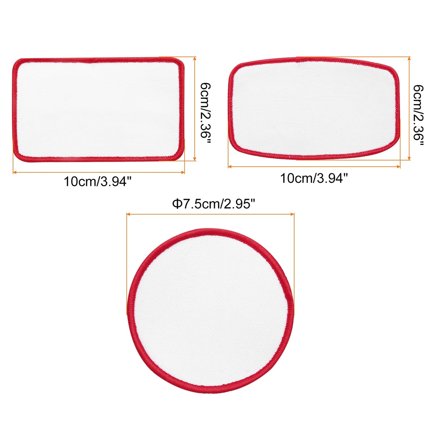 MECCANIXITY 30pcs Sublimation Patch Blank, 3 Shape Fabric Iron-on Blank Heat Transfer Repair Patch for DIY Crafts Caps Clothes, White with Red Border