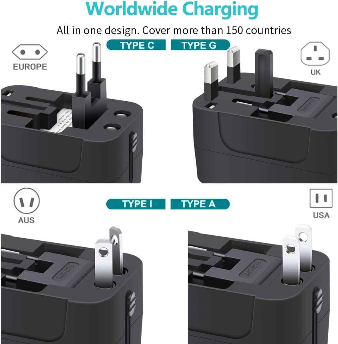 Zinalop PD20W Adapter,1 1 Universal Travel Adapter, International Power Type-C & USB-A Fast Charging Travel Charger