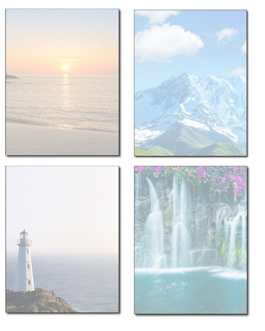 Scenic Stationery Variety - 4 Beautiful Designs - 80 Sheets - Lighthouse, Waterfall, Mountain, & Ocean Beach Sunset Multicolored
