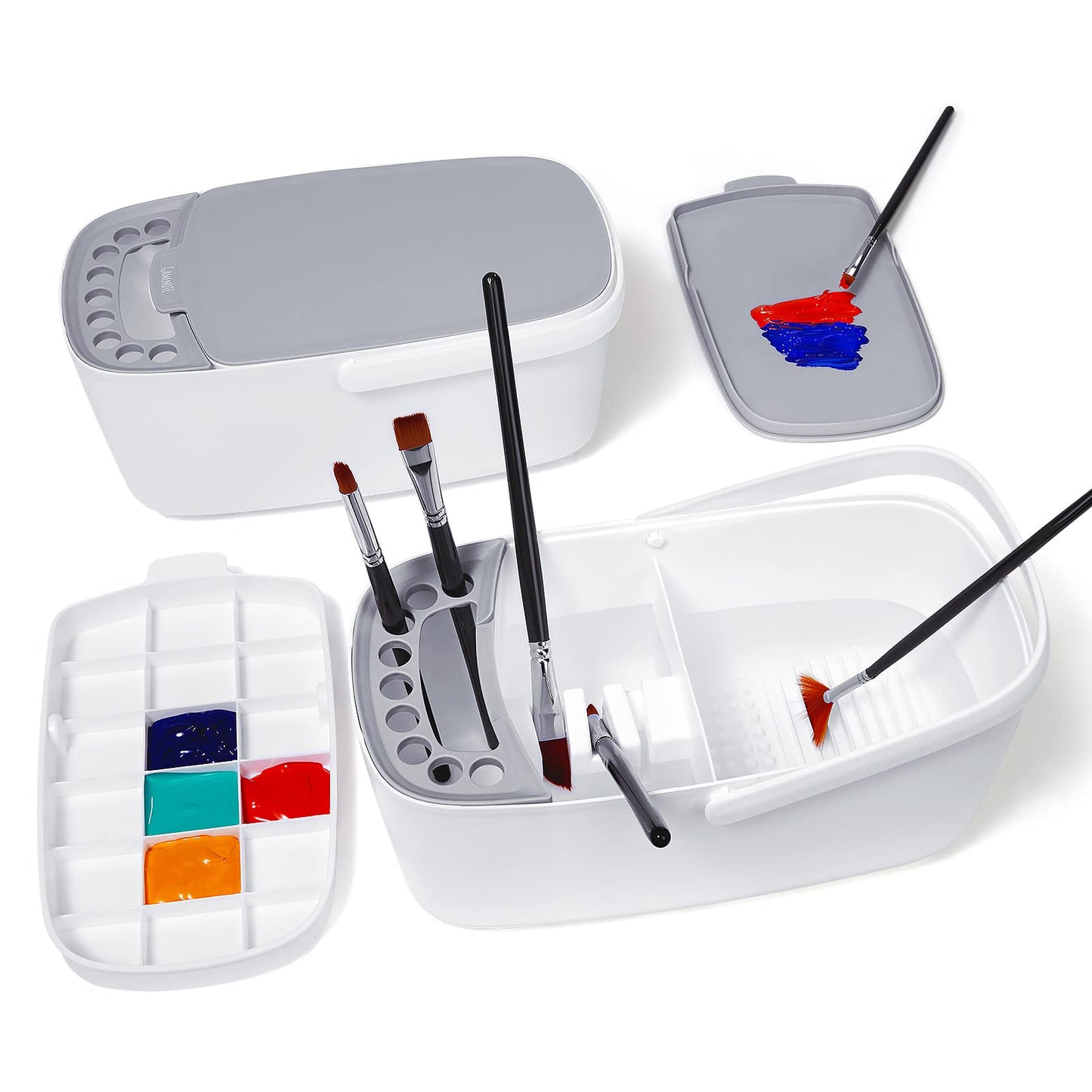 GAMENOTE Paint Brush Cleaner - Paint Brush Holder with Palette and Handle,Rinser for Acrylic, Watercolor, and Water-Based Paints, Painting Art Supply Storage Organizer (White+Grey)