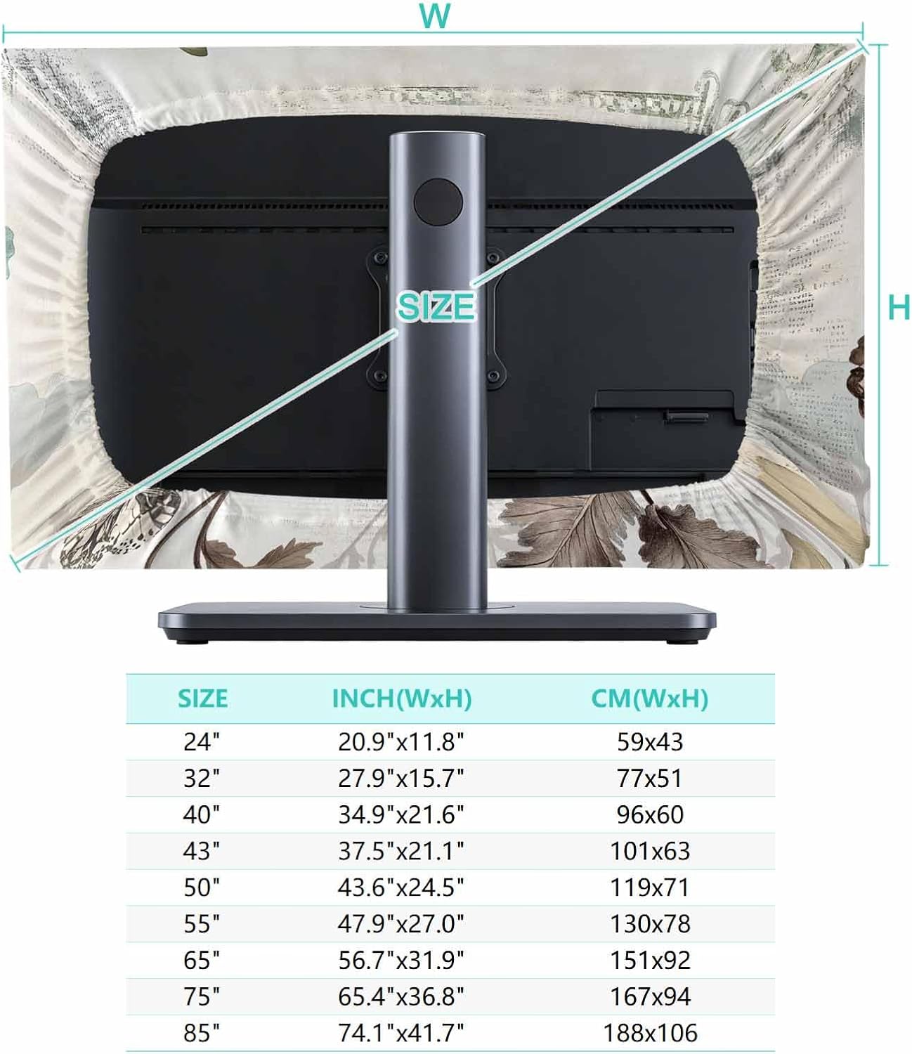 Yukro 75 Inch, 65"x37" Teal Broccoli Indoor TV Dust Cover, Rustic Farmhouse Flower Leaf Victorian Style Elastic TV