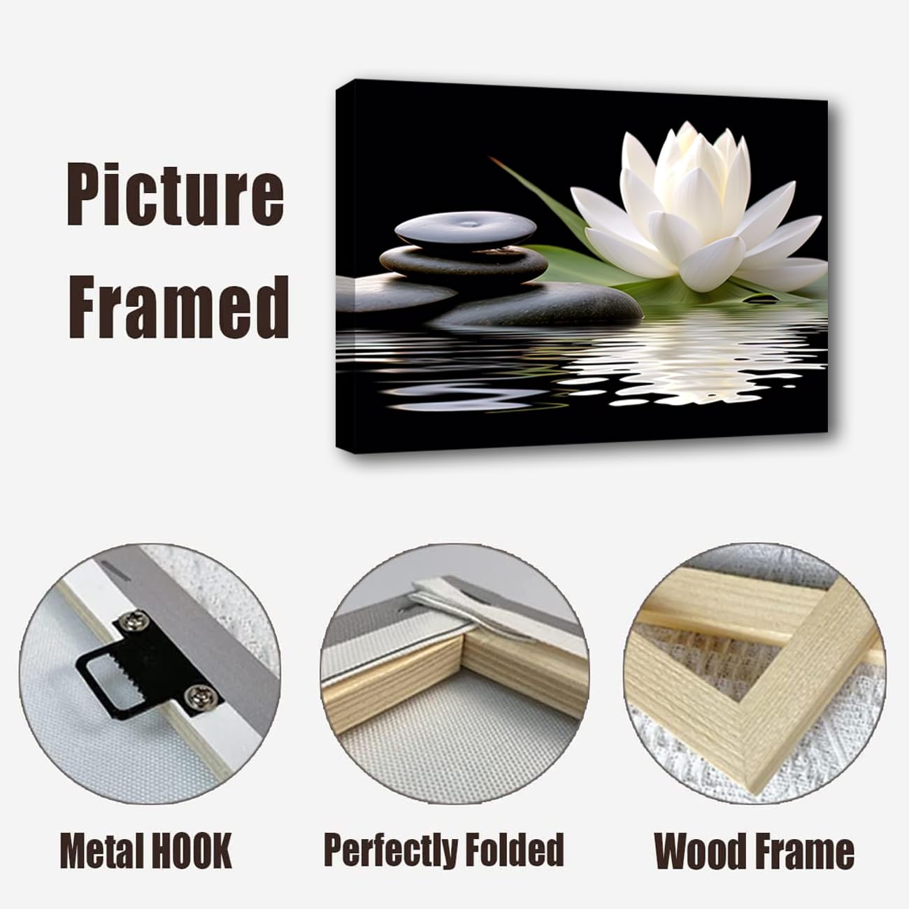 LZIMU Zen Canvas Wall Art White Lotus and Black Zen Stones Bloom in Water Picture Prints for Yoga Spa Meditation Spiritual Room Bathroom Decor (Zen-1, 12"x18")