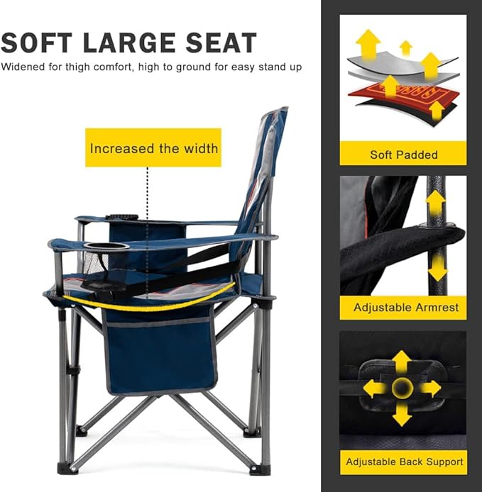 FAIR WIND Oversized Fully Padded Camping Chair with Lumbar Support, Heavy Duty Quad Fold Arm Chair with Cooler Bag - Support 450 LBS，Blue
