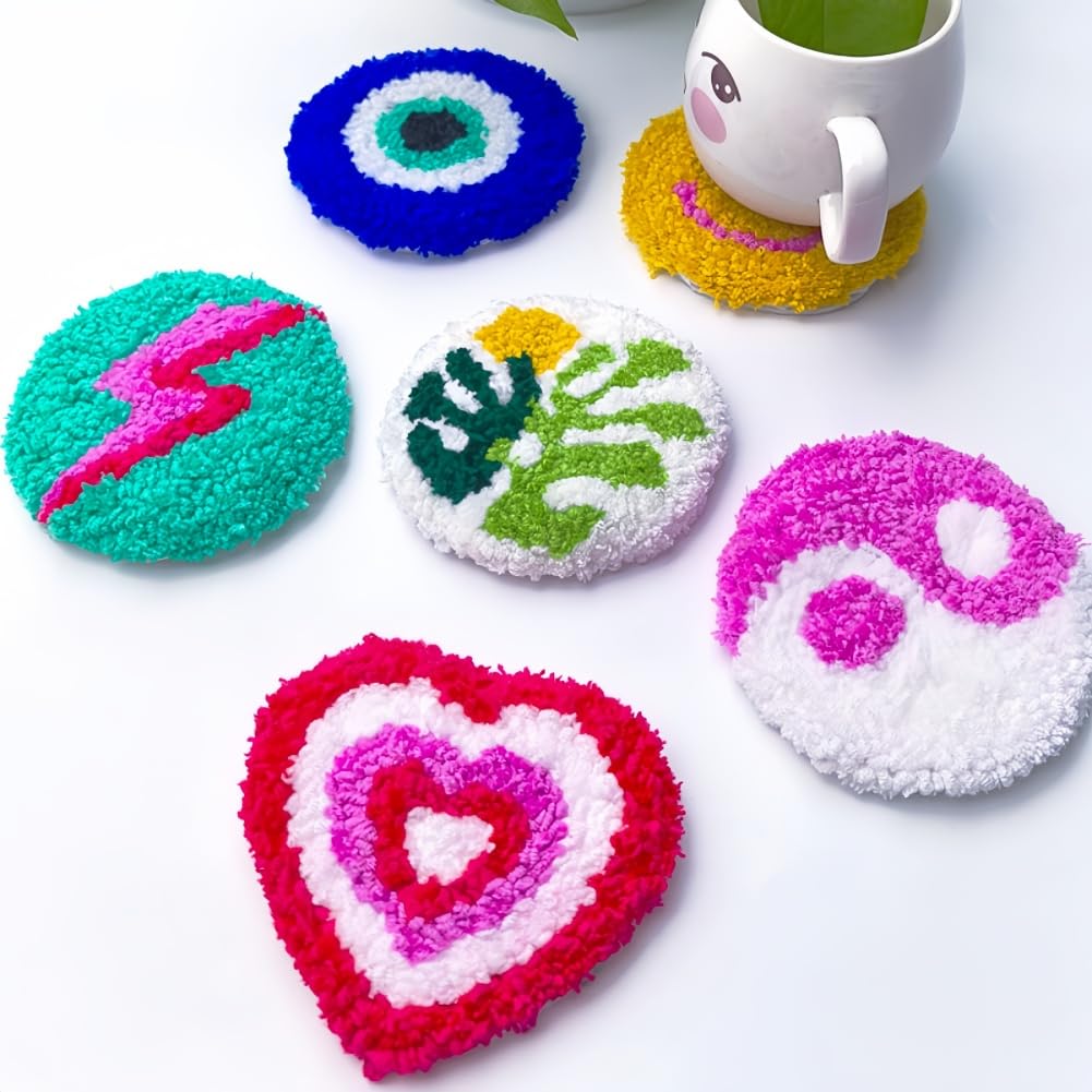 YEESAM ART Punch Needle Kit with Evil Eye Flowers Yin Yang Set of 6 Patterns, Full Set DIY Punch Needle Tufting Coaster Yarn Rug Embroidery Set with Hoop Tool, Easy Craft for Adults Beginners