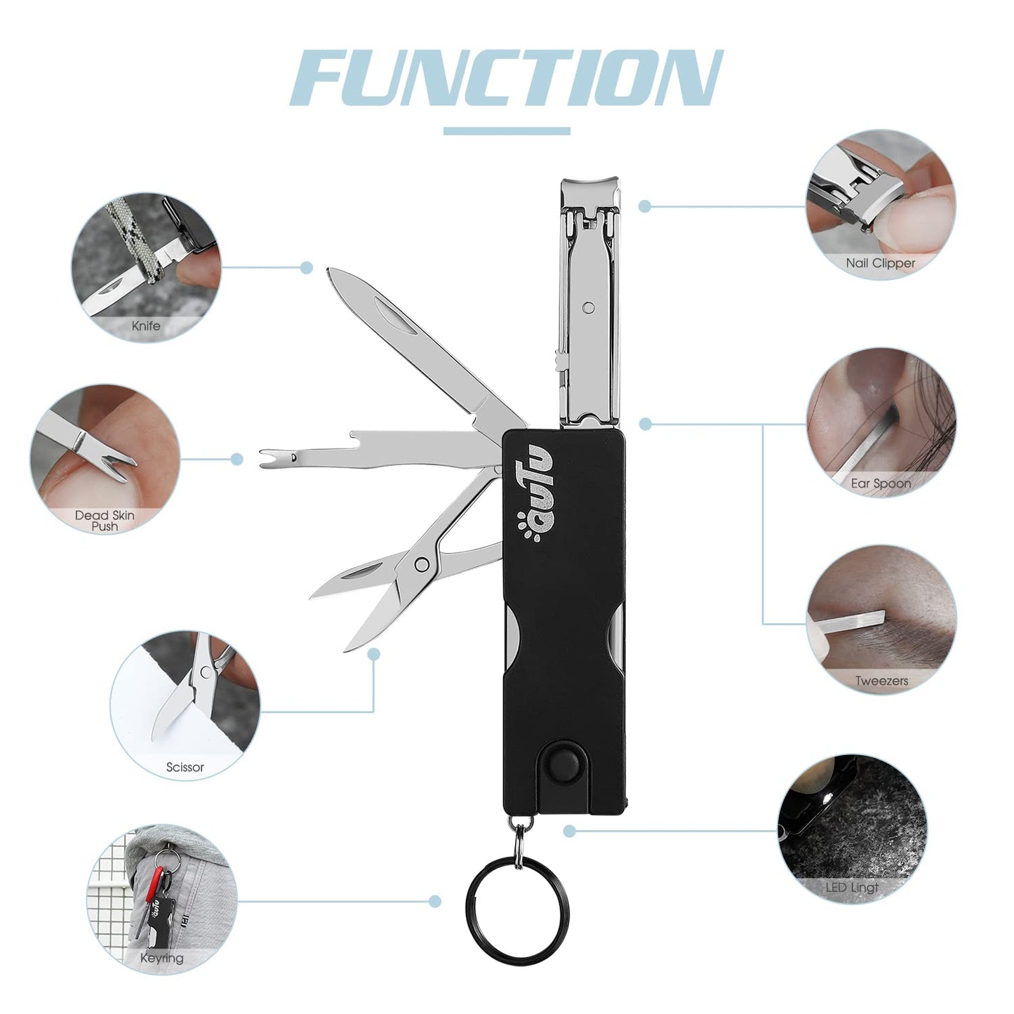 OUTU Keychain Nail Clippers Multitool, 8 in 1 EDC Utility Tool with Nail Clipper, Scissors, Tweezers, Gifts for Him Men Husband Dad Boyfriend (Black)