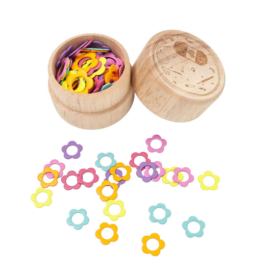 Hilsayum 60PCS Multicolor Stitch Markers Flower Shape Metal Ring Stitch Stoppers Mini Crochet Locking Markers with Wooden Storage Box (Multicolor)