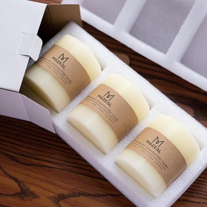 MOZEAL 3" x 6" Hand-Poured Unscented Ivory Pillar Candles,Dripless Candles Set of 3,Long Lasting Burning,Approx 100 Hours Burn Time for Wedding,Dinner,Christmas and Home Decor