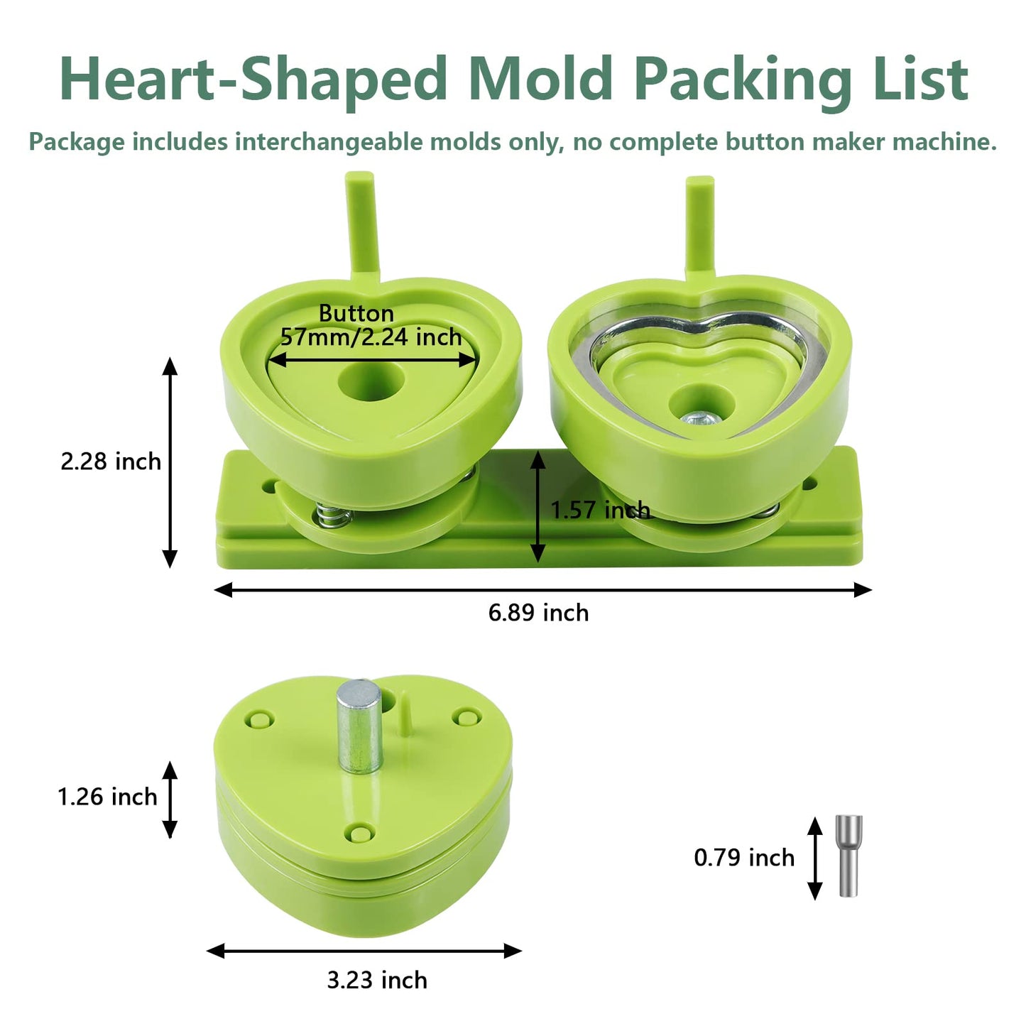 Happizza Heart-Shaped Button Mold, 57mm/2.24 inch, Green Resin, Slide Rail Button Maker Machine Compatible