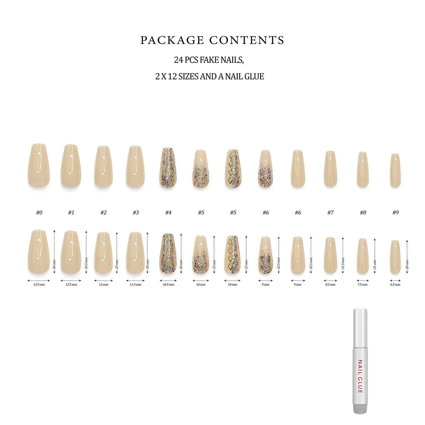 Hypnaughty 24 Pcs Vegas Gold and Nude Luxury Coffin Press On Fake Nails with Glitter Design and Glue Ombre Glitter Long Medium Long False Nails Full Cover Acrylic Nails (Vegas)