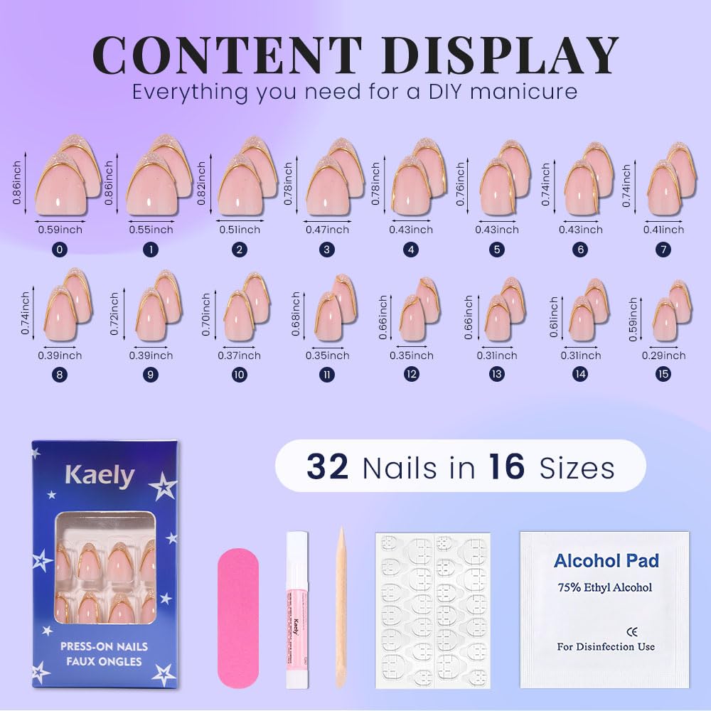 evpct French Tip Press On Nails Short Almond, Nude Pink + Gold Line & Gold Glitter Tips, Short Almond Fake False Press on Nails, Reusable Gel Stick on nail Press ons with Nail Kit, Salon Quality