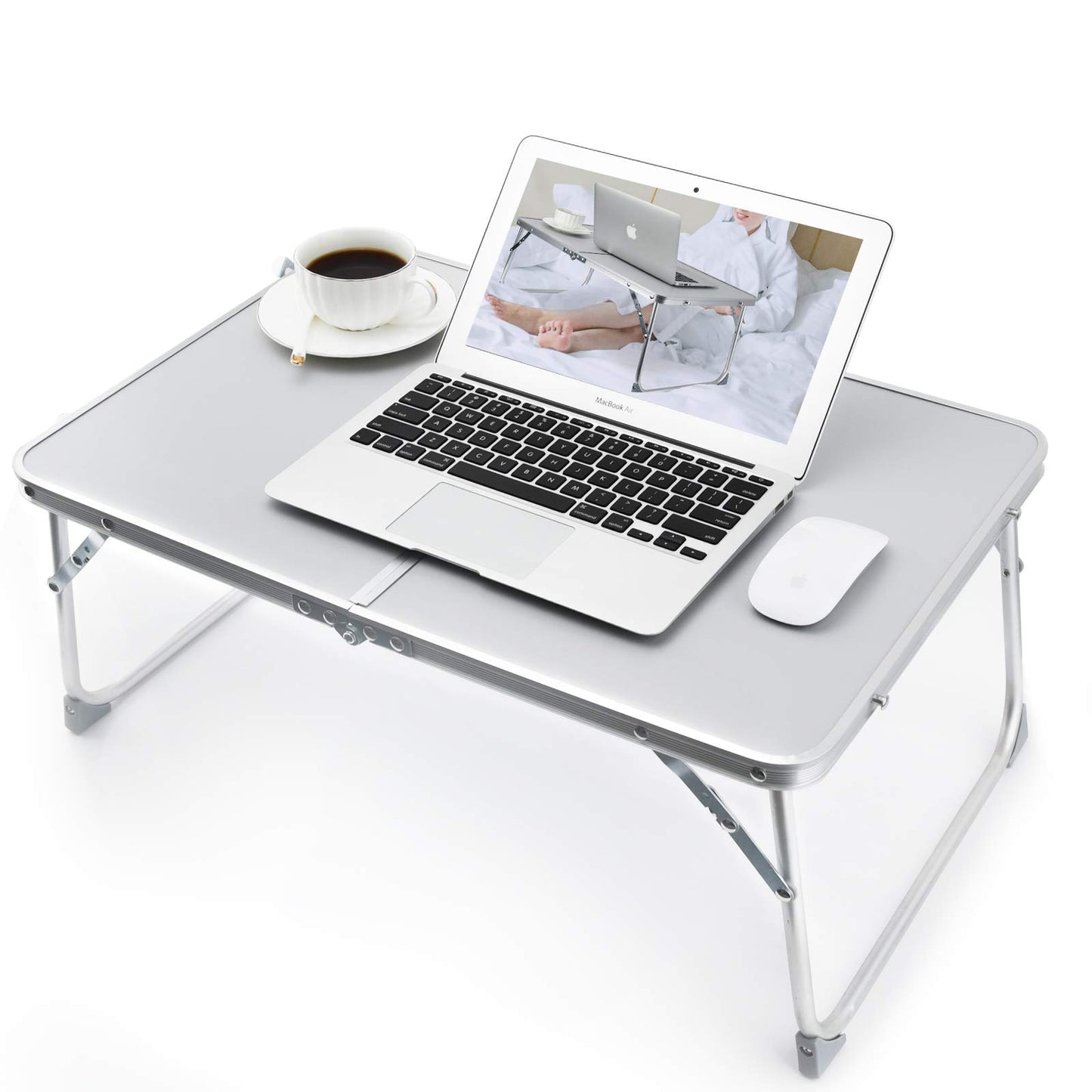 RAINBEAN Foldable Laptop Table for Bed Lightweight Breakfast Bed Tray Portable Mini Picnic Storage Space Standing Holder, Folding Leg Desk Notebook Lap Table for Kids Reading -Silver