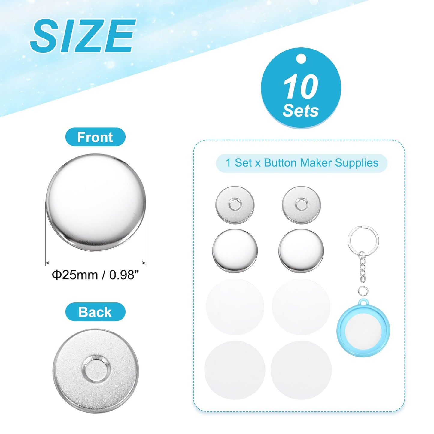 MECCANIXITY 10 Sets Button Maker Supplies 25mm / 0.98 Inch Blank Badge Button Parts Badge Parts with Blank Paper for Hand Press Crafts Making Double-Sided Keychain, Blue