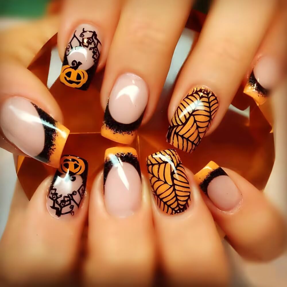 24PCs French Press on Nails with Cobweb & Pumpkin Designs - Fake Nails in Yellow, Medium Square Size, Natural Glue, For Women & Girls