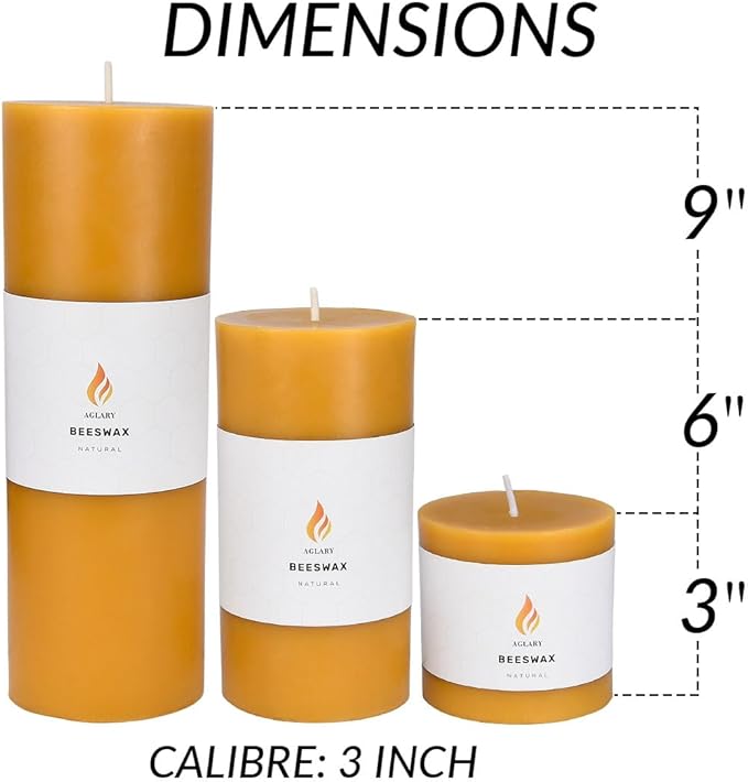 3PCS 3"x 6" Large Beeswax Pillar Candles, Made of Pure Natural Beeswax, with Ultra Long Burning Time and Low Allergenicity-Rawï¼?2H