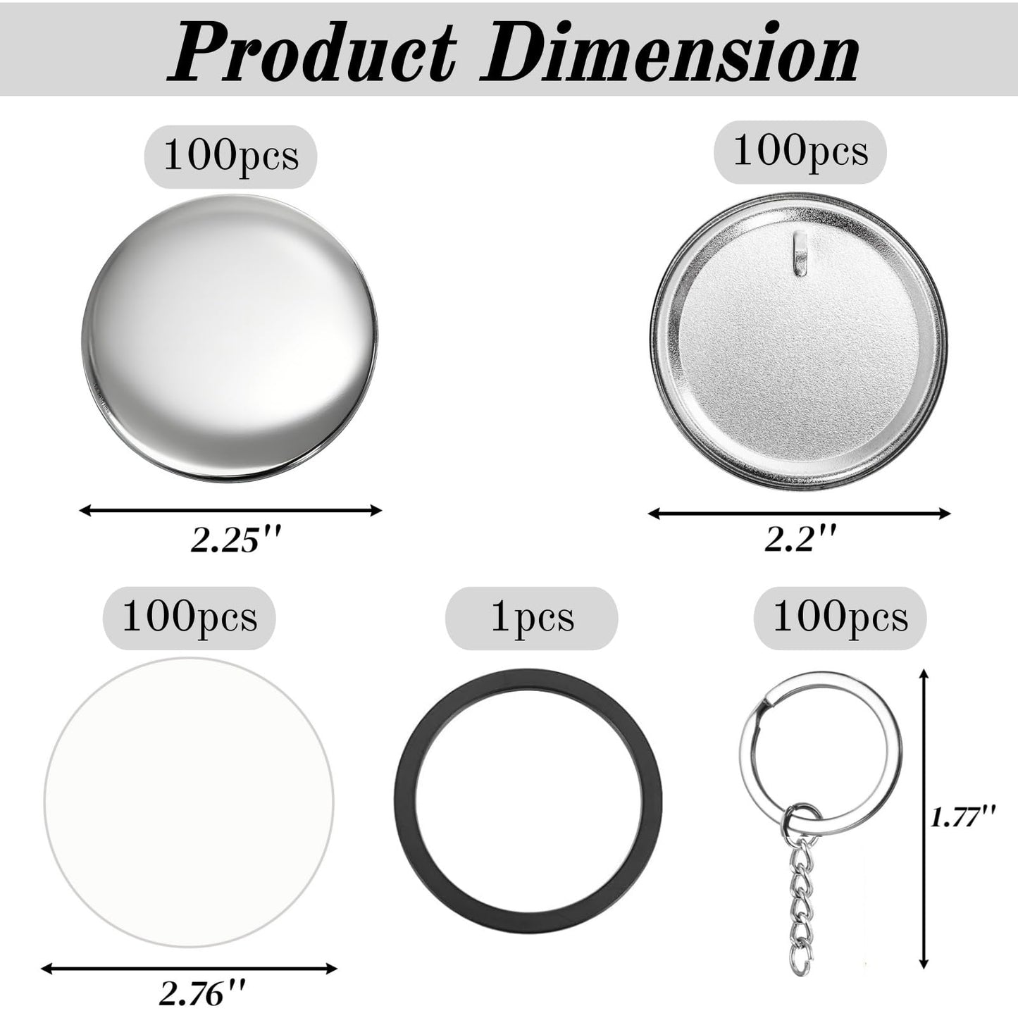 ZAVOOS 100 Pack Button Maker Keychain Supplies, 58 mm / 2.25 Inch Metal Keychain Making Kit for Button Maker Machine, Blank Badge Set with Metal Shell Back Cover, Plastic Film, Chain, Ring for DIY