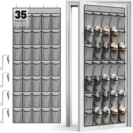 WVM Over The Door Shoe Organizer - 35 Breathable Mesh Pockets | Large Capacity Closet Storage in Grey