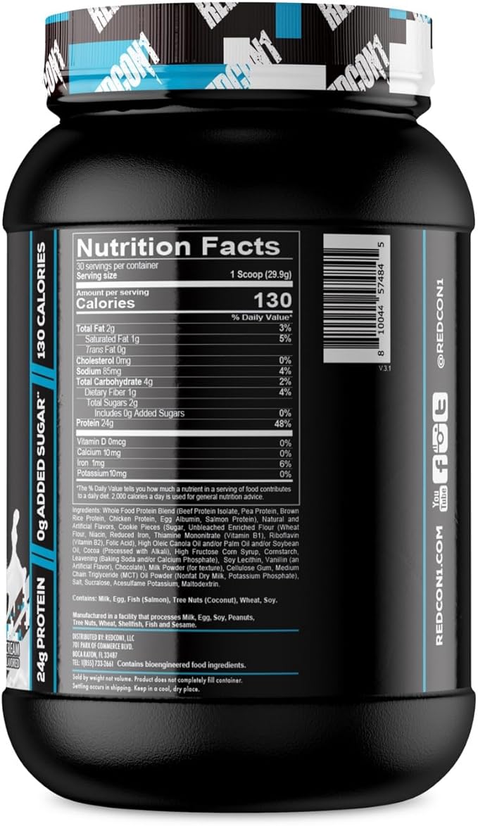 REDCON1 MRE Lite Whole Food Protein Powder, Cookies N' Cream - Low Carb & Whey Free Meal Replacement with Animal Protein Blends - Easy to Digest Supplement Made with MCT Oils (30 Servings)