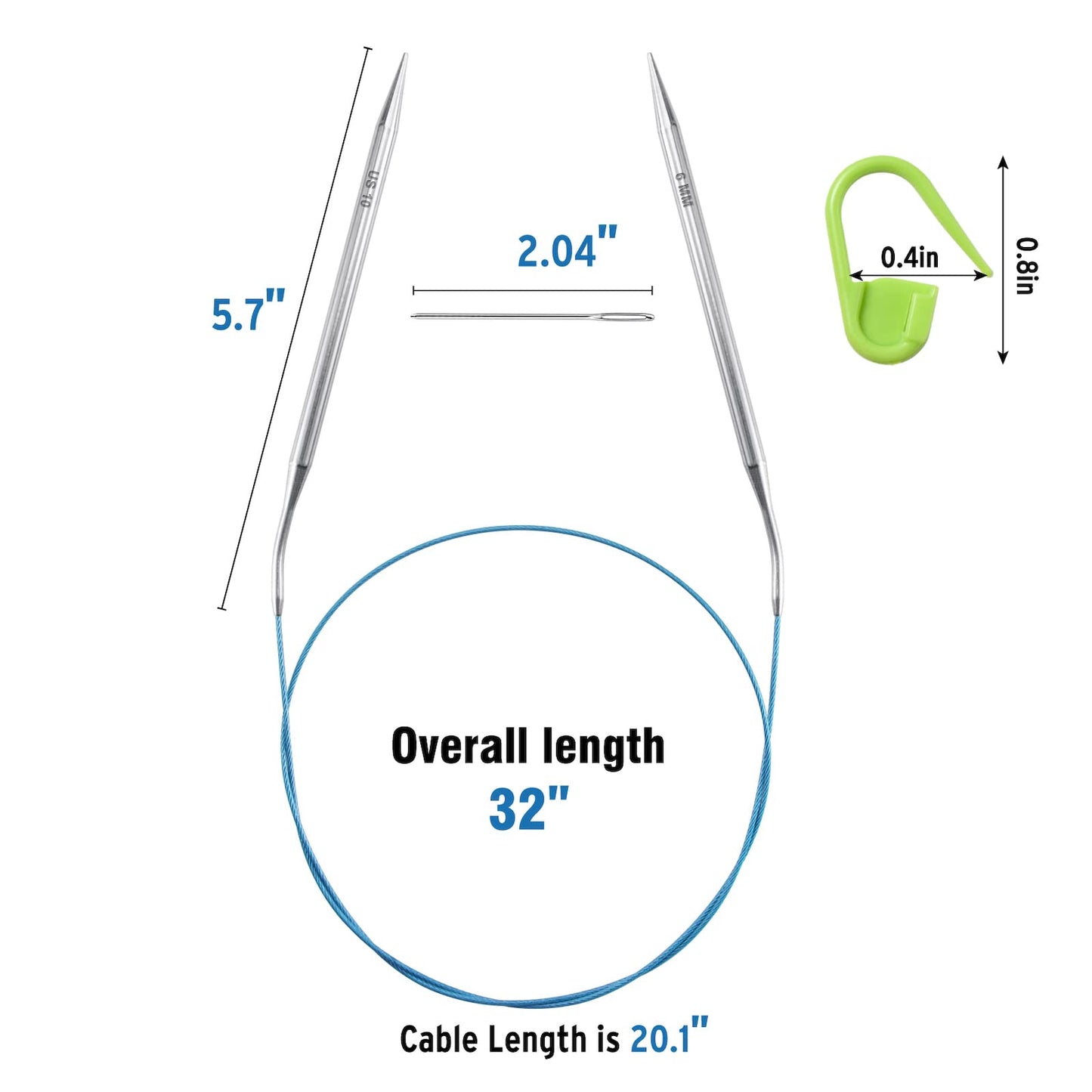 32 inch Stainless Steel Circular Knitting Needles Set for Beginners, 6 PCS US Size 0 2.5 6 8 10 13 Round Metal Knitting Needles with Magic Loop, Fixed Circle Needles for Sock, Blankets, Sweater, Scarf