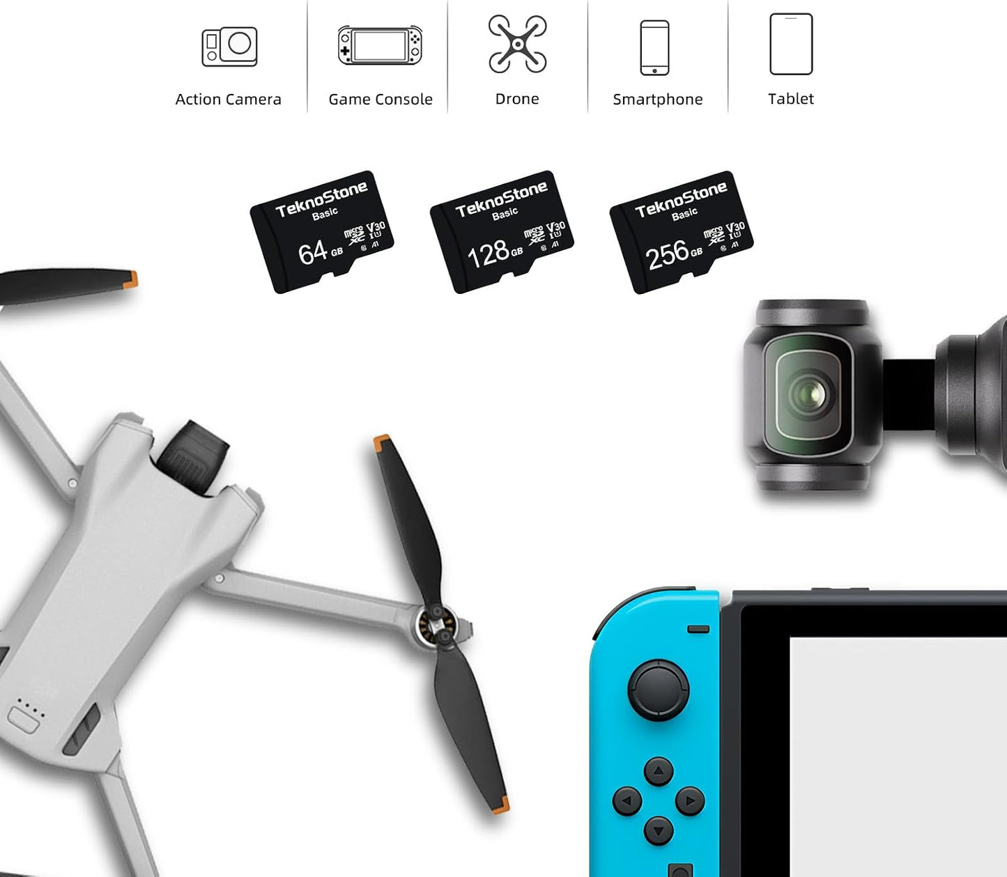 Teknostone 256GB 90MB/s 50MB/s C10 U3 V30 A1 (1 Pack) Basic MicroSDXC Flash Memory with Adapter Read Write UHS-I Rated