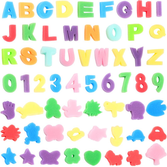 SOFPLATE 60Pcs Letter Sponge Stamps Paint Sponge Kit Assorted Colorful Alphabet Number Small Mixed Shaped Drawing Foam Craft Stamp for DIY Art Crafts Learning Models Activities Brushes Tool Decoration