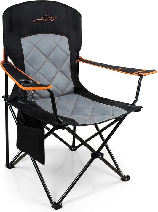 FAIR WIND Oversized Fully Padded Camping Chair, Heavy Duty Quad Fold Chair Arm Chair Support 350 LBS with Cup Holder, Collapsible Lumbar Back Chair Portable for Outdoor, Black