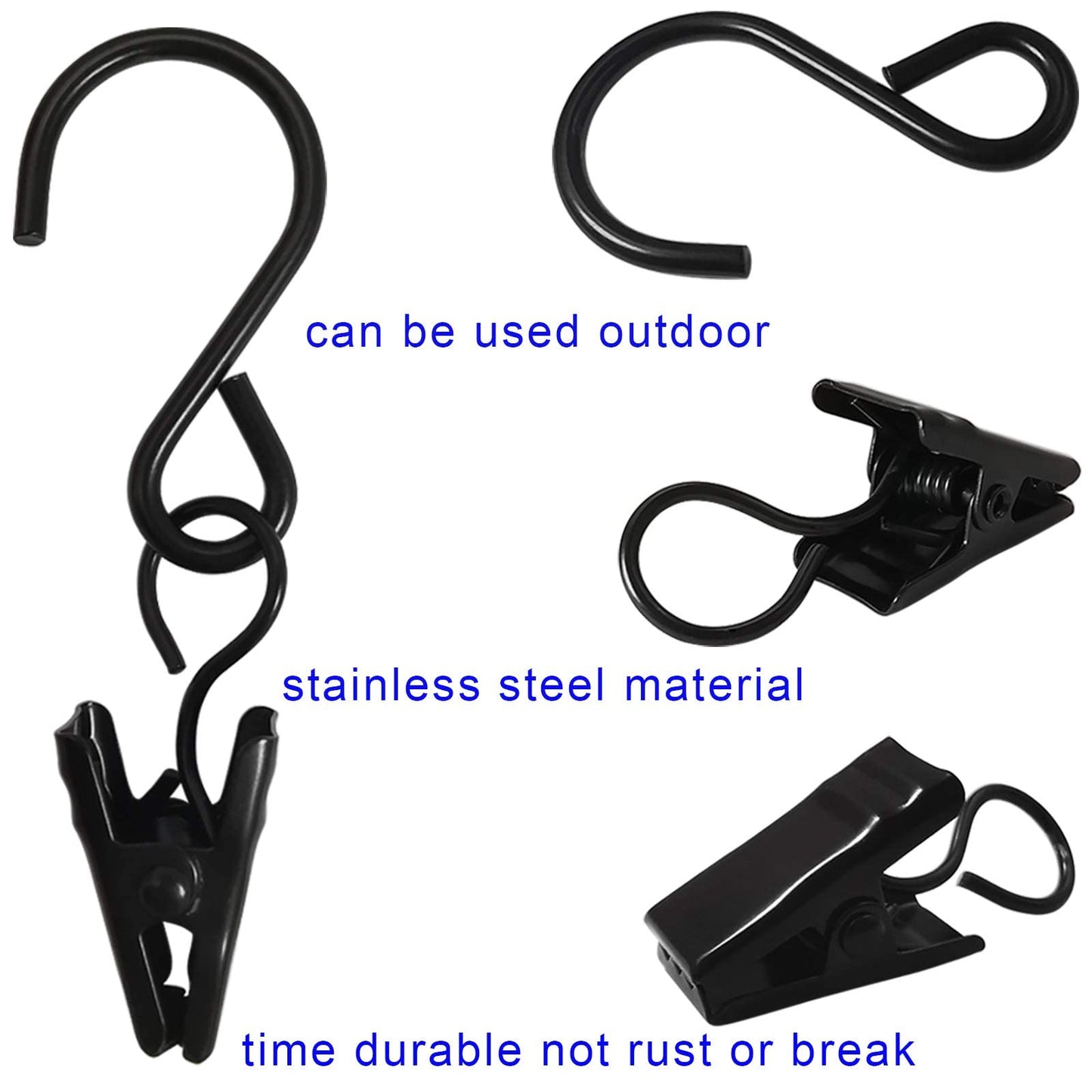 AMZSEVEN Stainless Steel S Hooks Curtain Clips, 50 Pack Hanging Party Lights Clips Hangers Gutter Photo, Art Craft Display, 2.4 Inch Long, Black