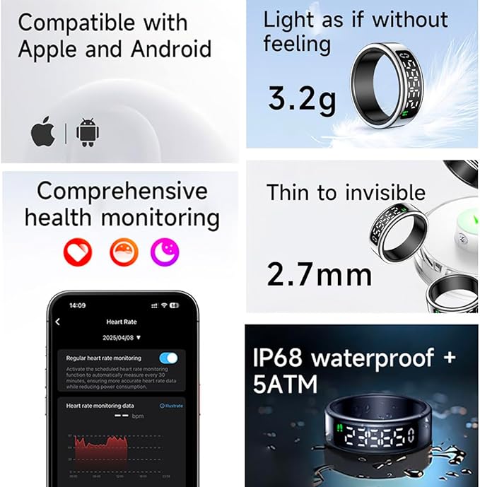 Smart Health Ring with Screen,for Women Men Fitness Tracker Heart Rate, Blood Oxygen, HRV, Sleep Monitoring, Step Counting, IP68 for iPhone and Android, No Subscription Fee (Black, 11#)