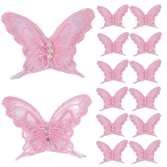 CABODYALS 1 Box 30PCS Light Pink Butterfly Lace Applique Butterflies Repair Patches Sew Embroidery Organza Faux Pearl Beaded Polyester Appliques for Sewing Making Clothes Wedding DIY Craft Supply