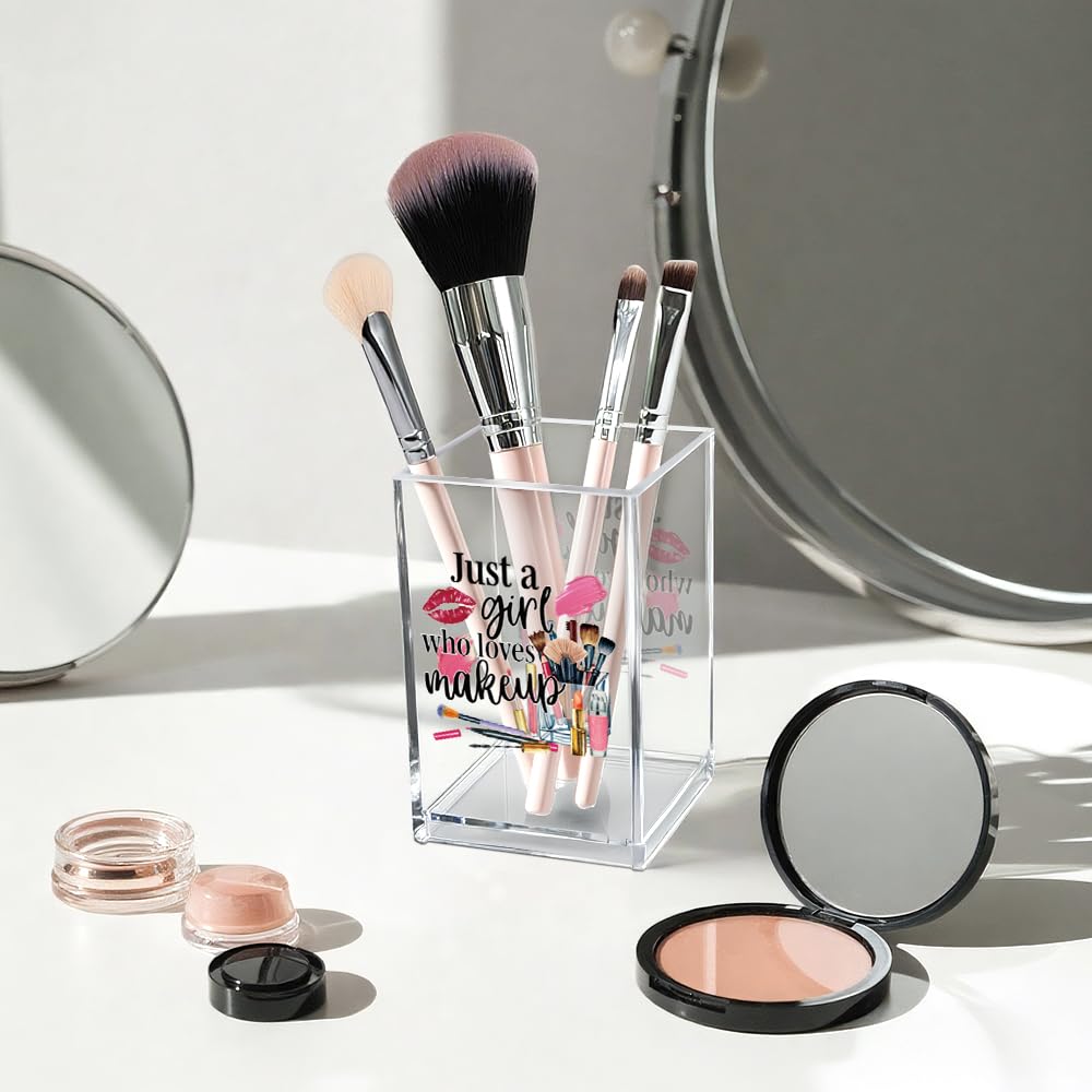 Vgrti Just A Girl Who Loves Makeup Acrylic Makeup Brush Organizer Holder, Girls Desk Acrylic Brushes Storage, Christmas Birthday Gifts for Daughter Niece Sister BFF Make Up Artist Makeup Lover