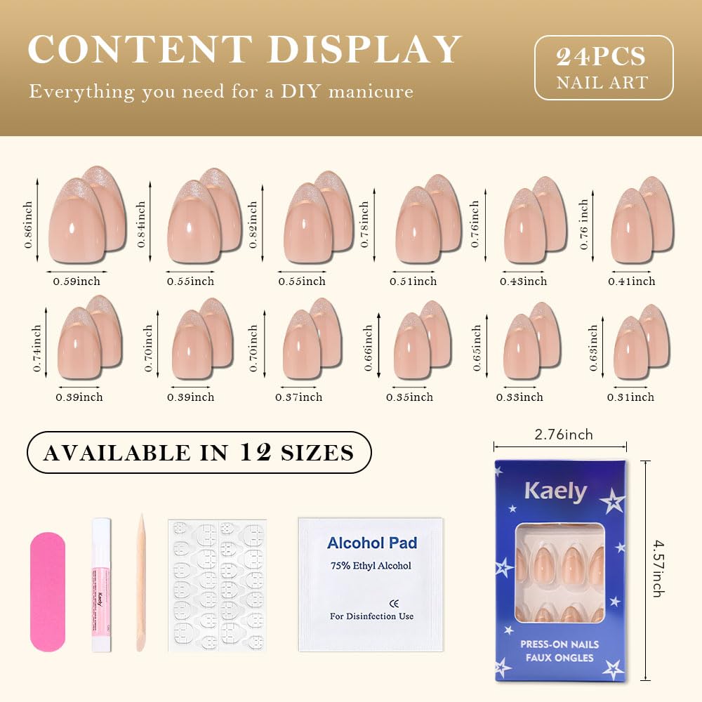 evpct French Tip Press On Nails Short Almond, Nude + Gold Line & Glitter Tips, Short Almond Fake False Press on Nails, Soft Gel Stick on nail Press ons with Nail Kit, Reusable Salon Quality