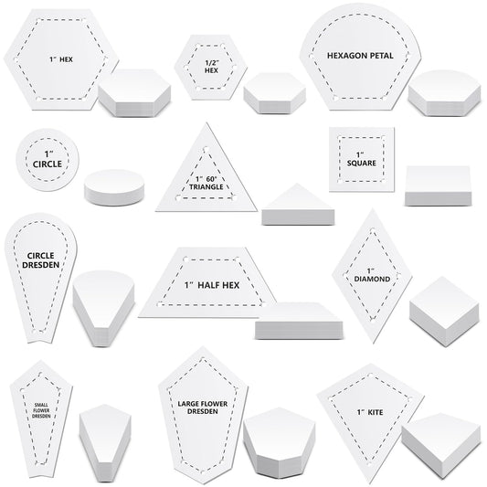 Cinnvoice 612 Pcs Patchwork Paper EPP English Piecing Supplies 12 Shapes Acrylic Templates with 600 Paper Piecing for Sewing Dresden Plate Triangle Hexagon Quilting Template(Classic 1,Clear)