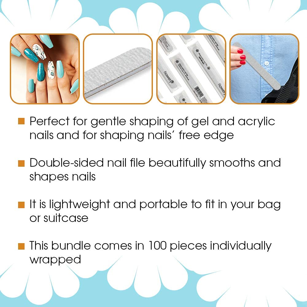 Flowery Disposable Nail File Cushion Core 100/180 Grit, Silver, Pack of 100